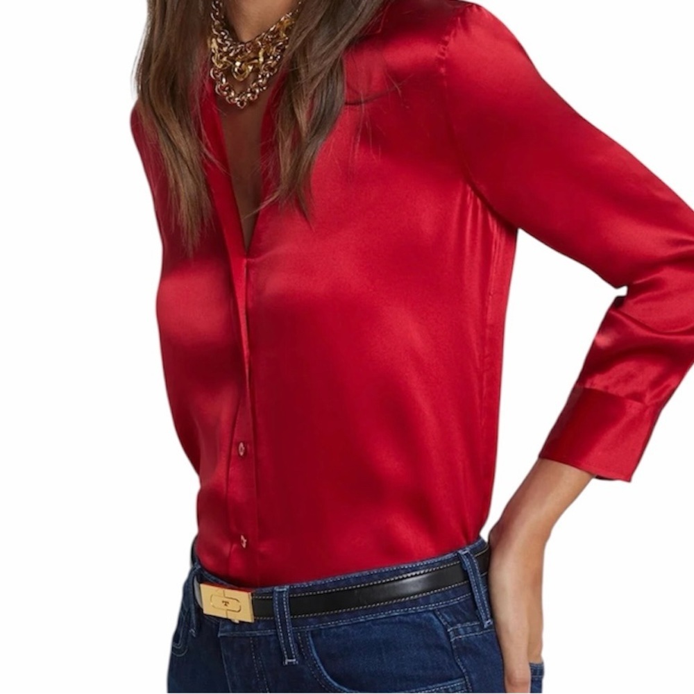 H & M Red Satin Blouse Top Size M